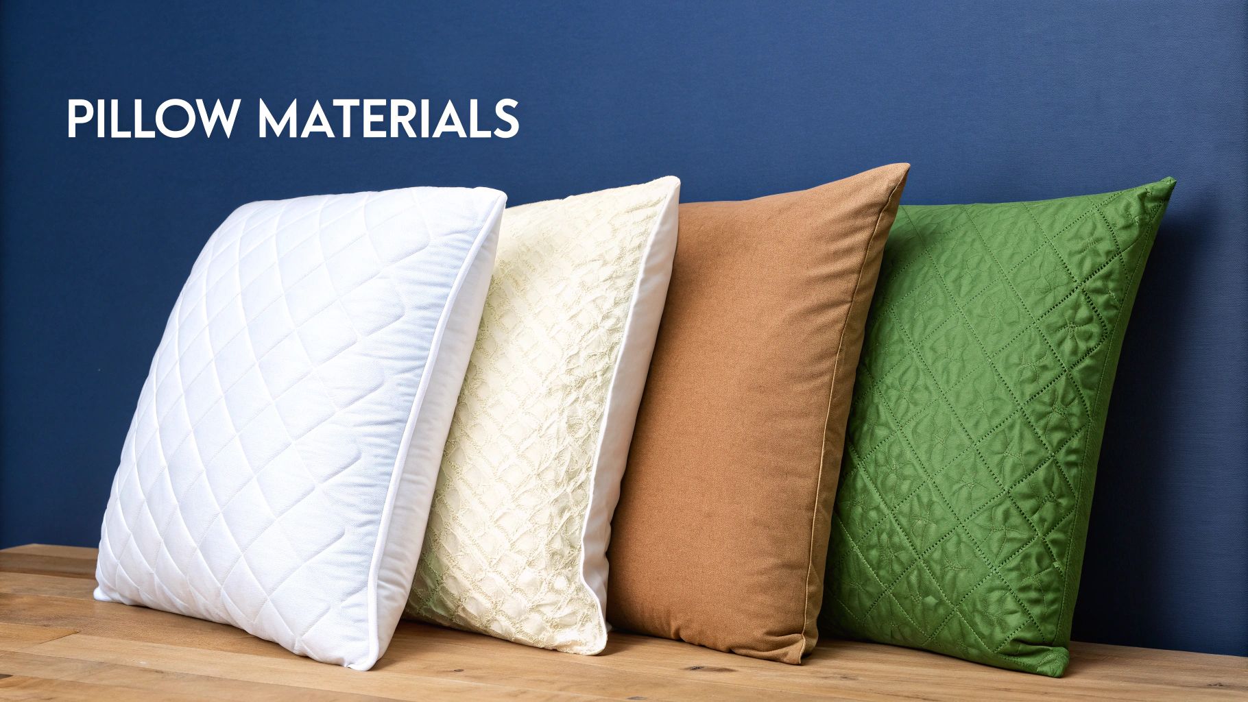 A line of four pillows, showcasing various materials and textures, against a blue background.