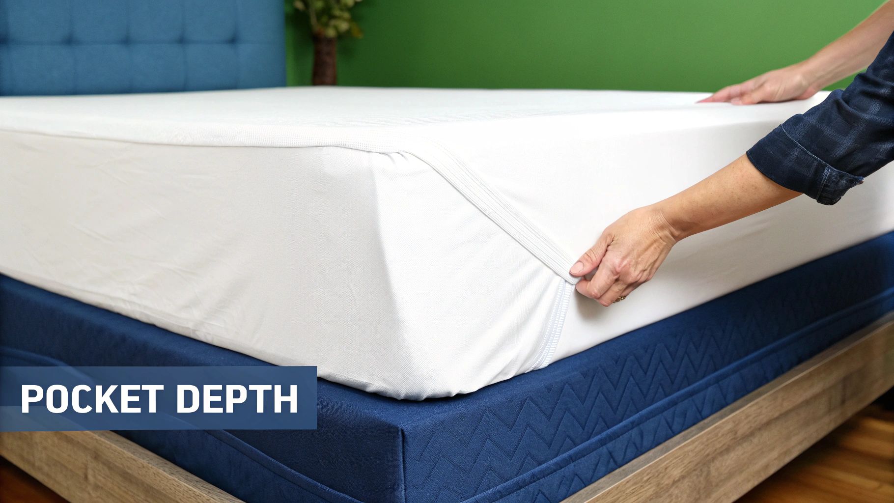 Hands demonstrate the deep pocket of a white fitted sheet being placed on a blue mattress.