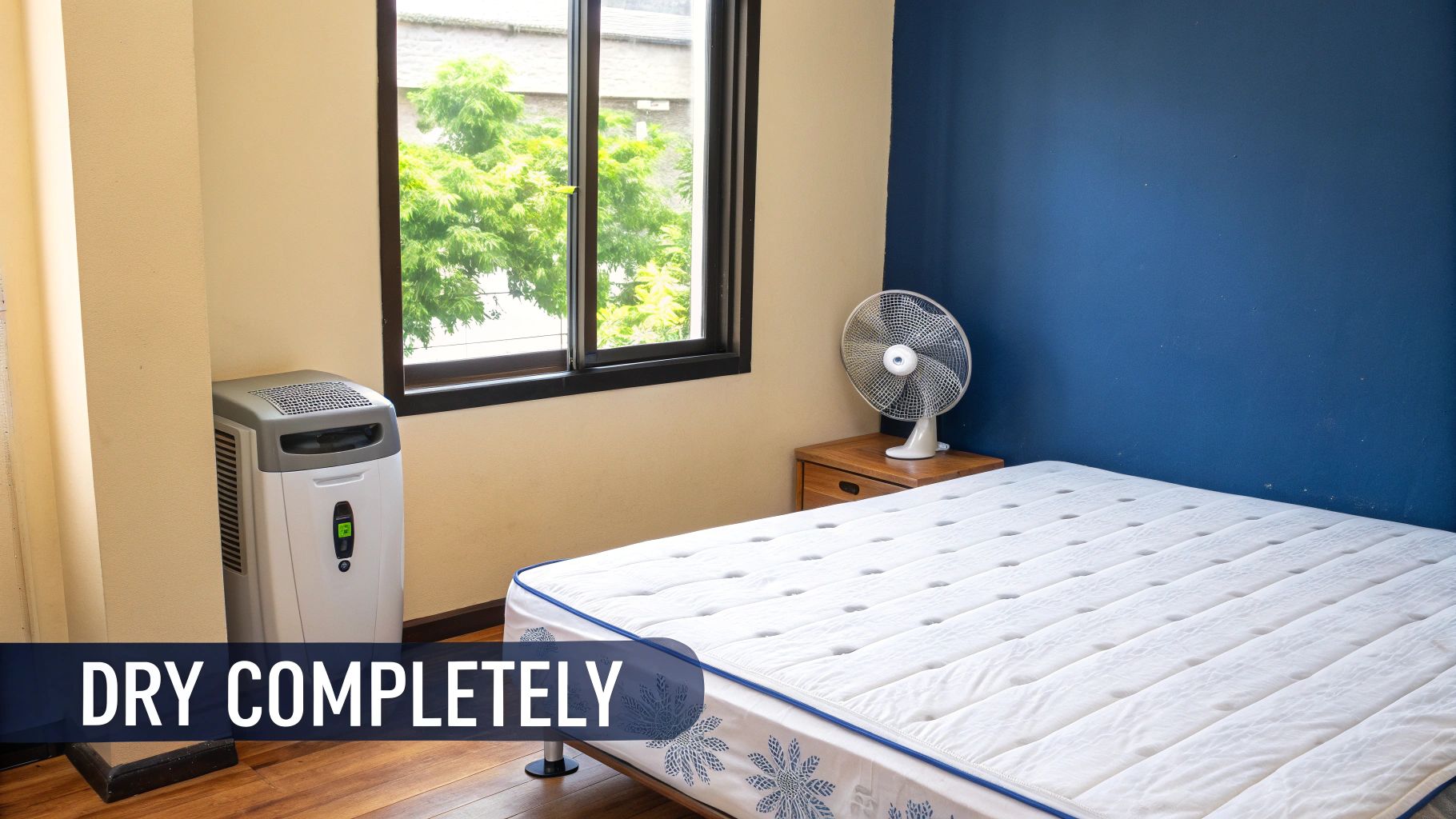 A bright bedroom with a white mattress, a portable dehumidifier, and a fan.