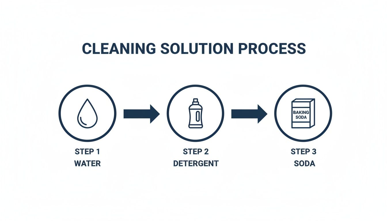 A three-step cleaning solution process showing water, detergent, and baking soda sequentially.