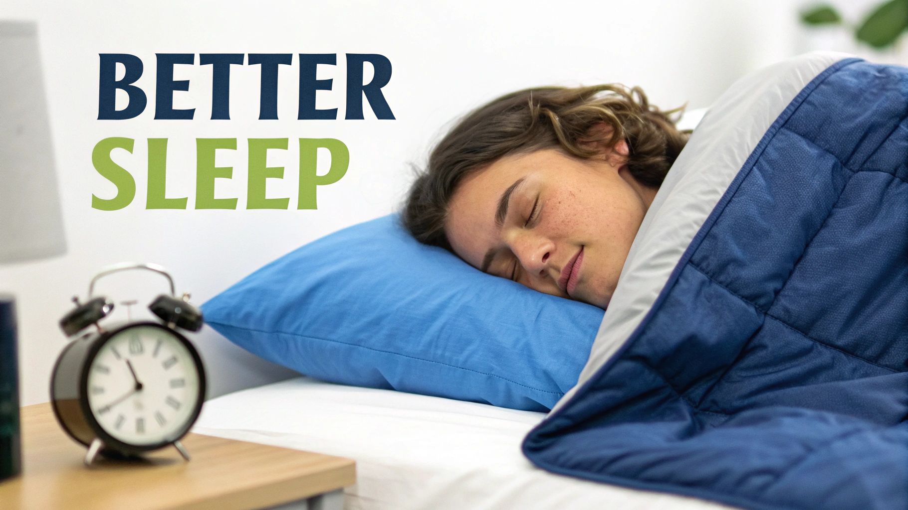 A person sleeping soundly in bed under a blue weighted blanket for better sleep.