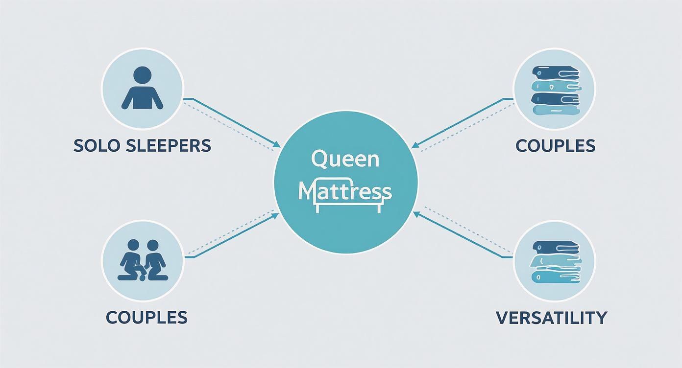 Diagram showing queen mattress suitability for solo sleepers, couples, and versatility with stacked bedding icons