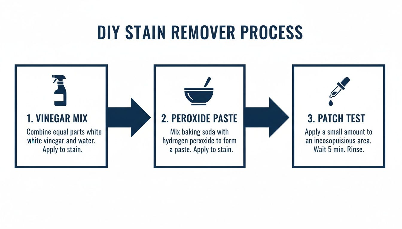 A diagram illustrates a 3-step DIY stain remover process using vinegar, peroxide, and a patch test.
