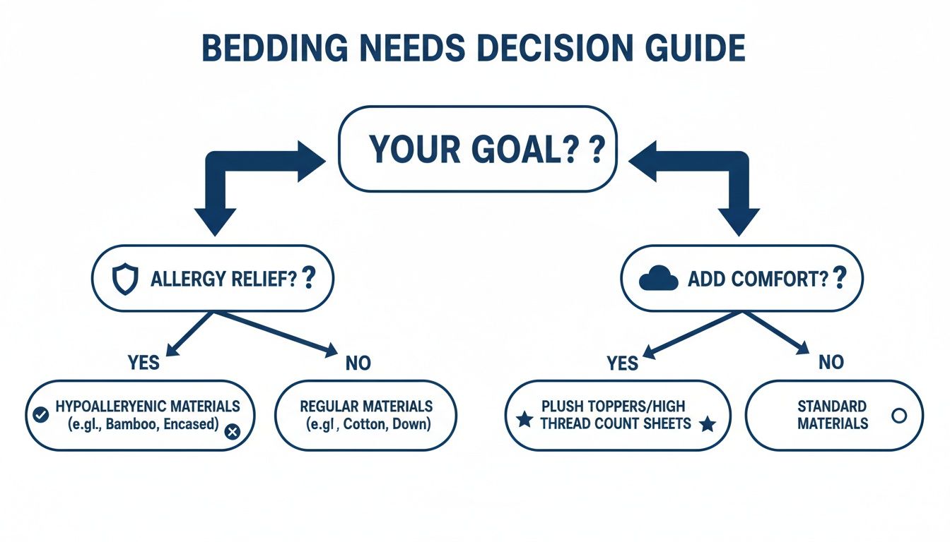 Bedding needs decision guide flowchart to choose materials for allergy relief or adding comfort.