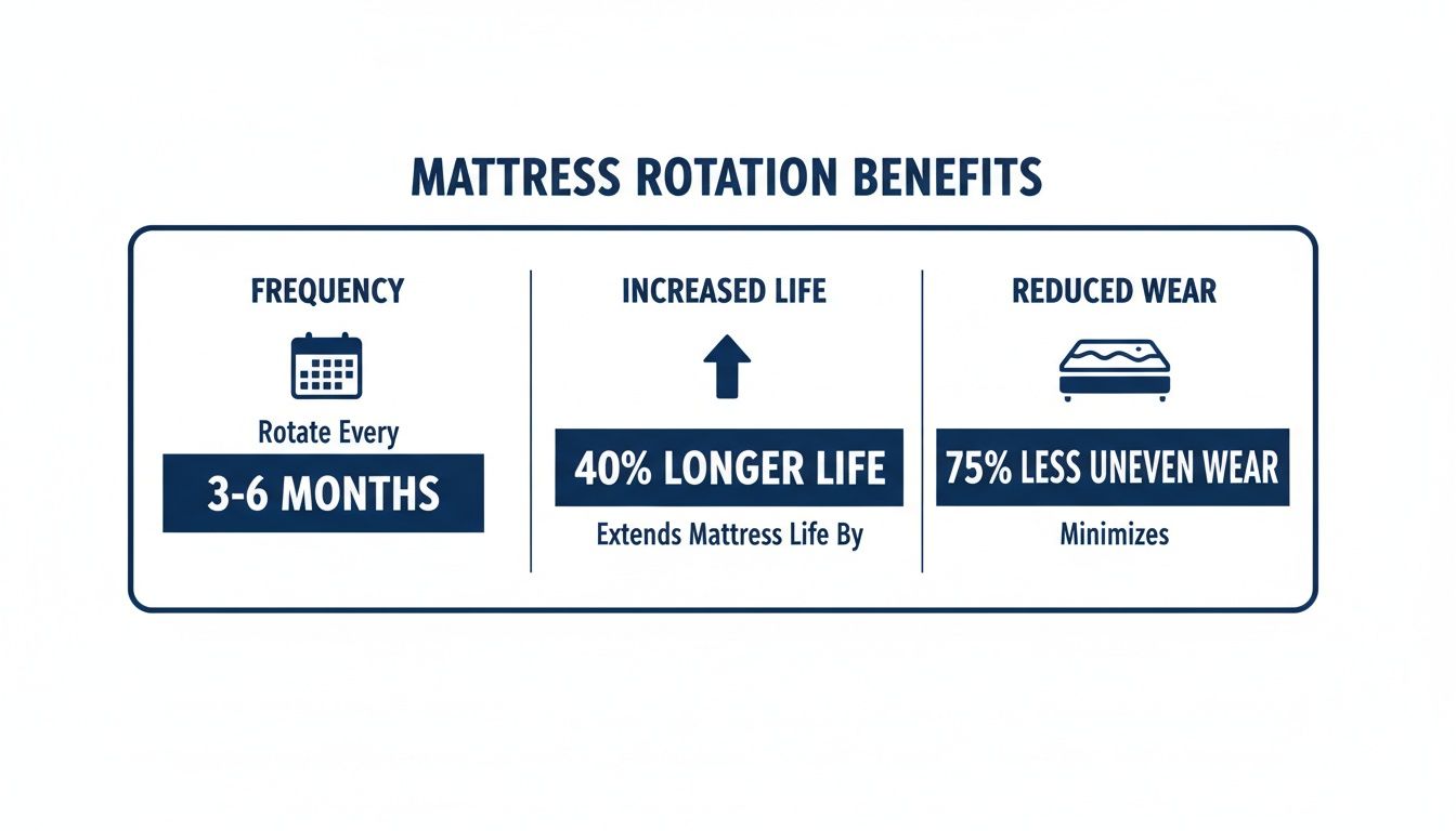Infographic showing mattress rotation benefits: rotate every 3-6 months for 40% longer life and 75% less uneven wear.