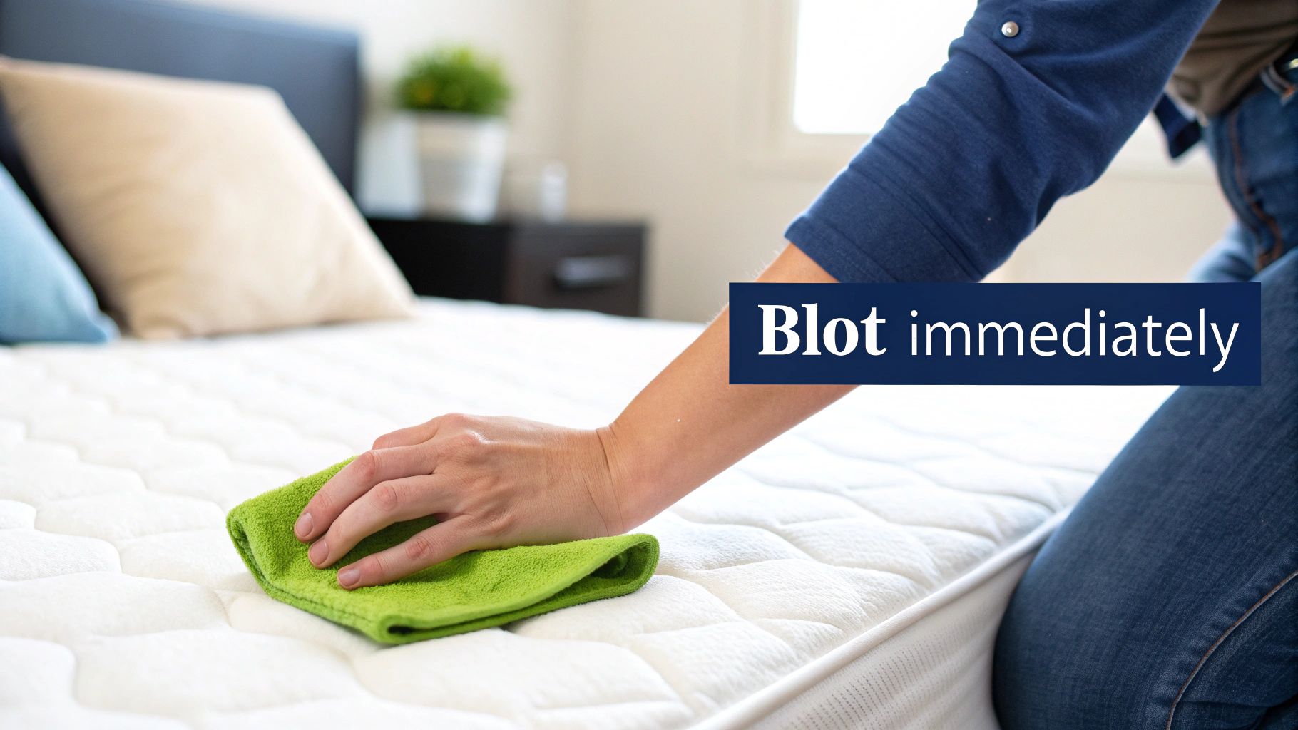 A person blotting a white mattress with a green cloth, highlighting the advice to 'Blot immediately'.