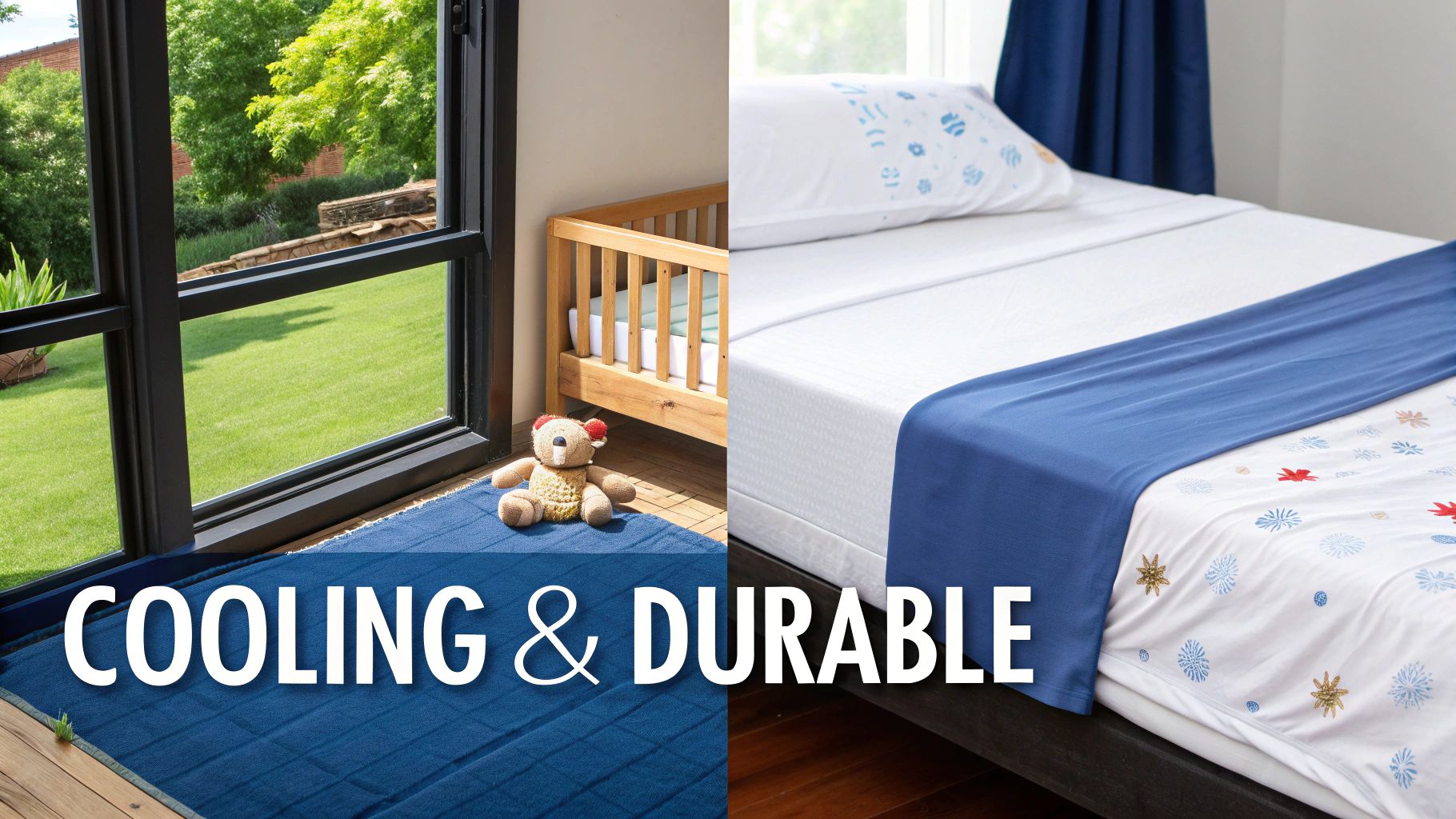 Split image showing a bright room with a crib and a bed with cooling and durable bed sheets.