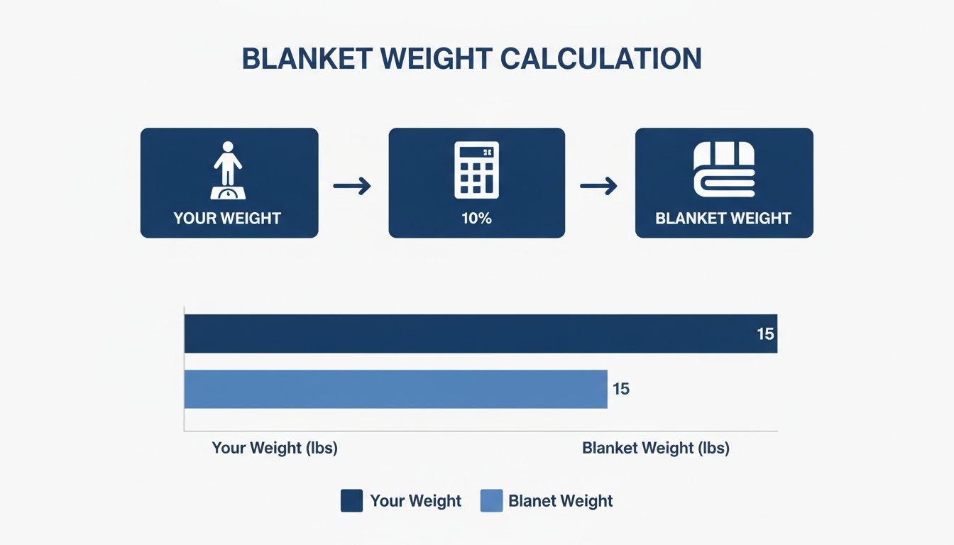 Infographic explains how to calculate weighted blanket weight as 10% of body weight, with a chart showing an example.
