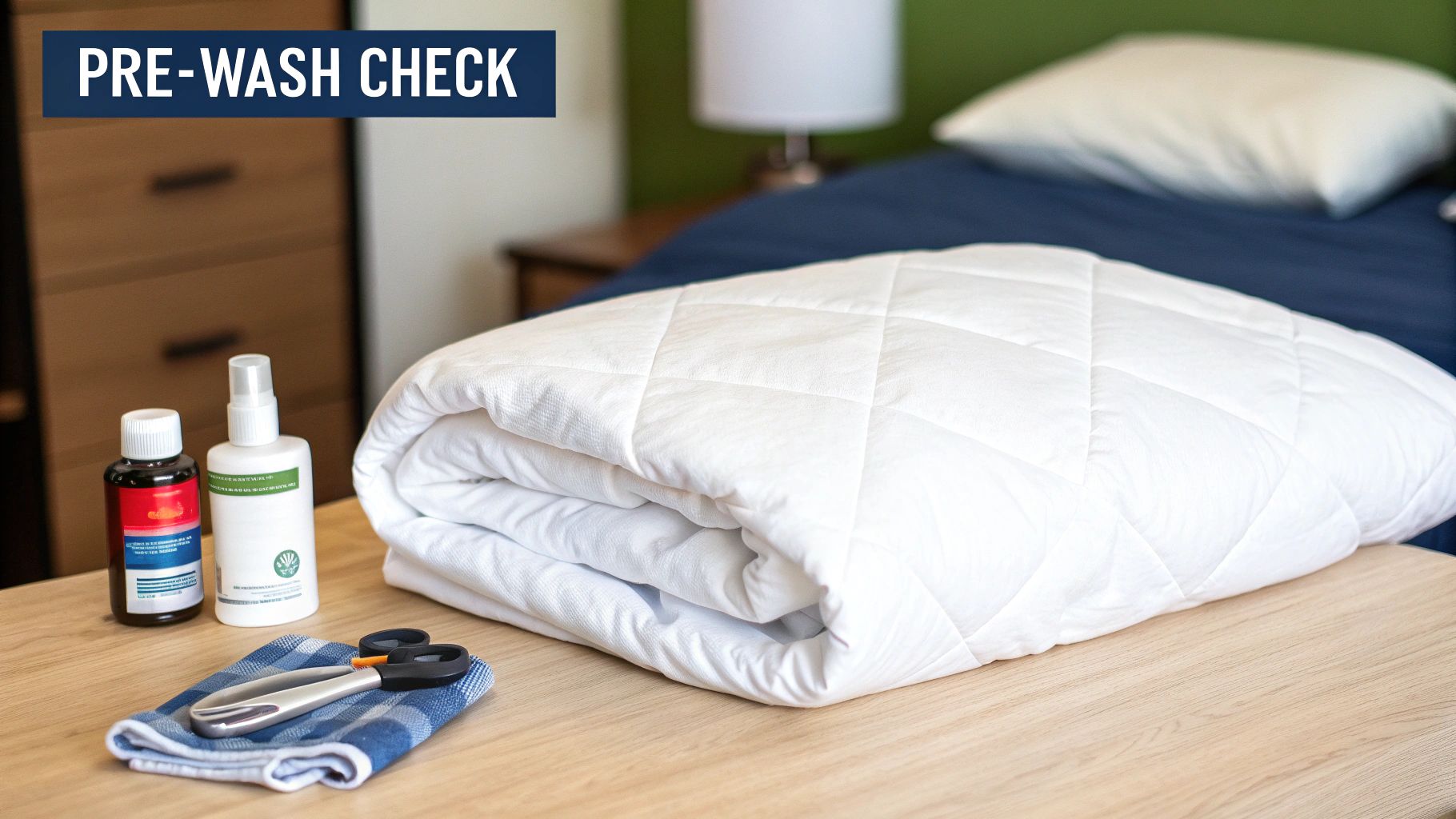 A folded white quilted duvet insert on a wooden table with laundry products, scissors, and a 'PRE-WASH CHECK' banner.