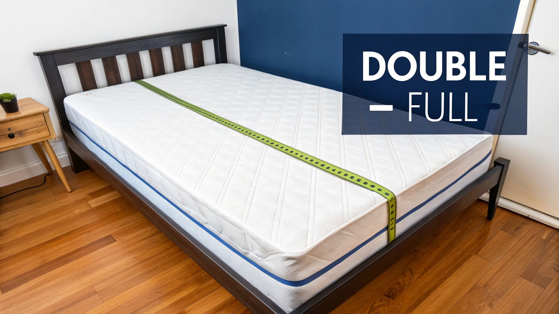 White mattress with a green measuring tape on a dark wooden bed frame, illustrating 'Double vs. Full' size.