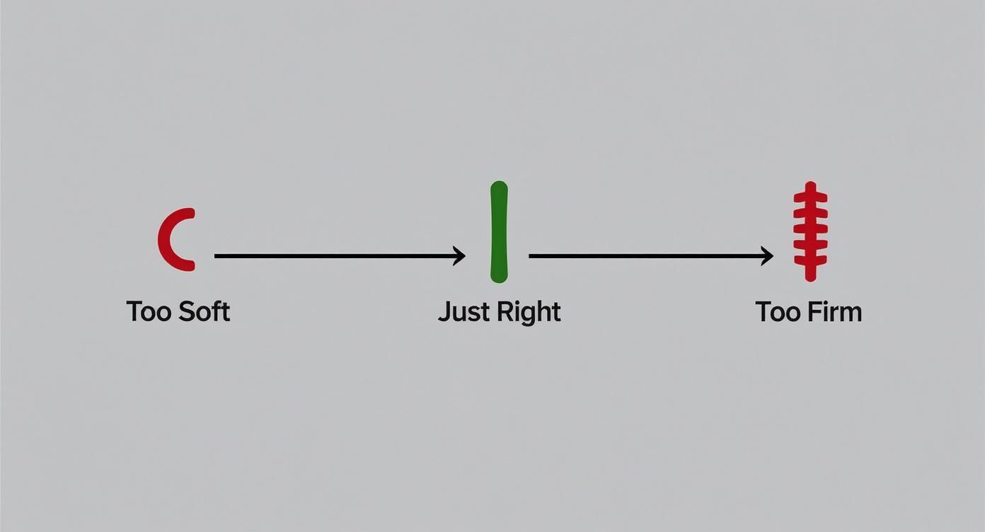 Diagram illustrating 'Too Soft' (red C), 'Just Right' (green bar), and 'Too Firm' (red stacked bars) on a spectrum.