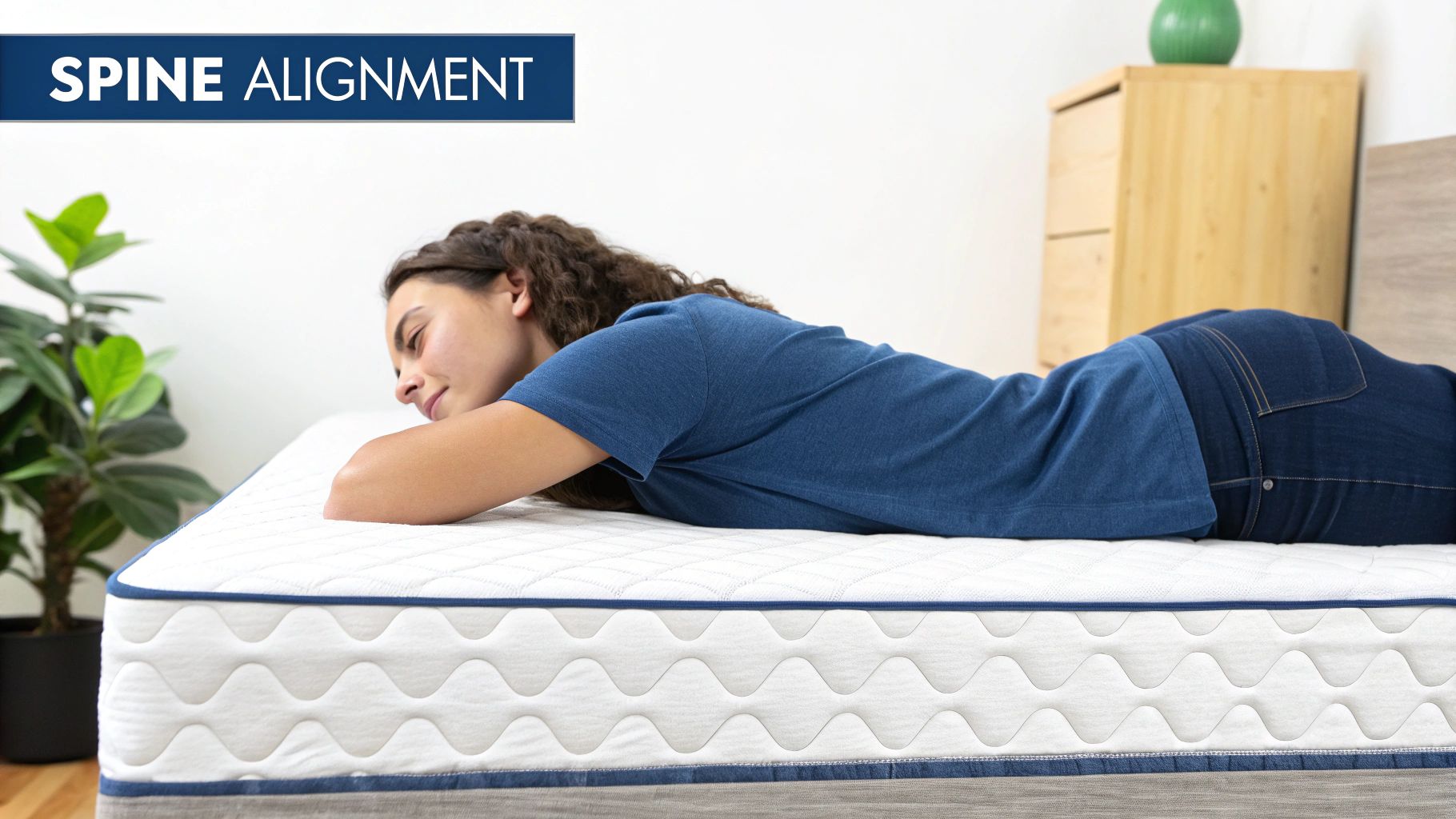 A woman demonstrates spine alignment while lying face down on a white mattress.