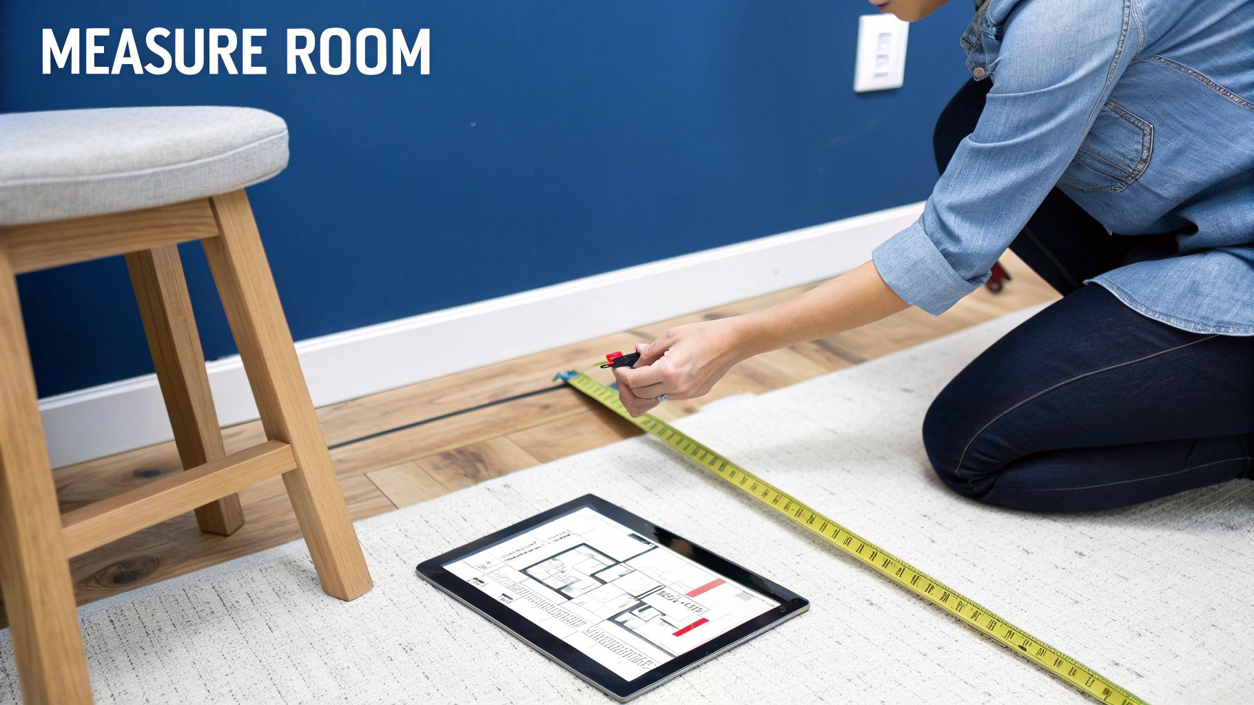 A person kneels on a rug, measuring a room with a tape measure, with a floor plan on a tablet.