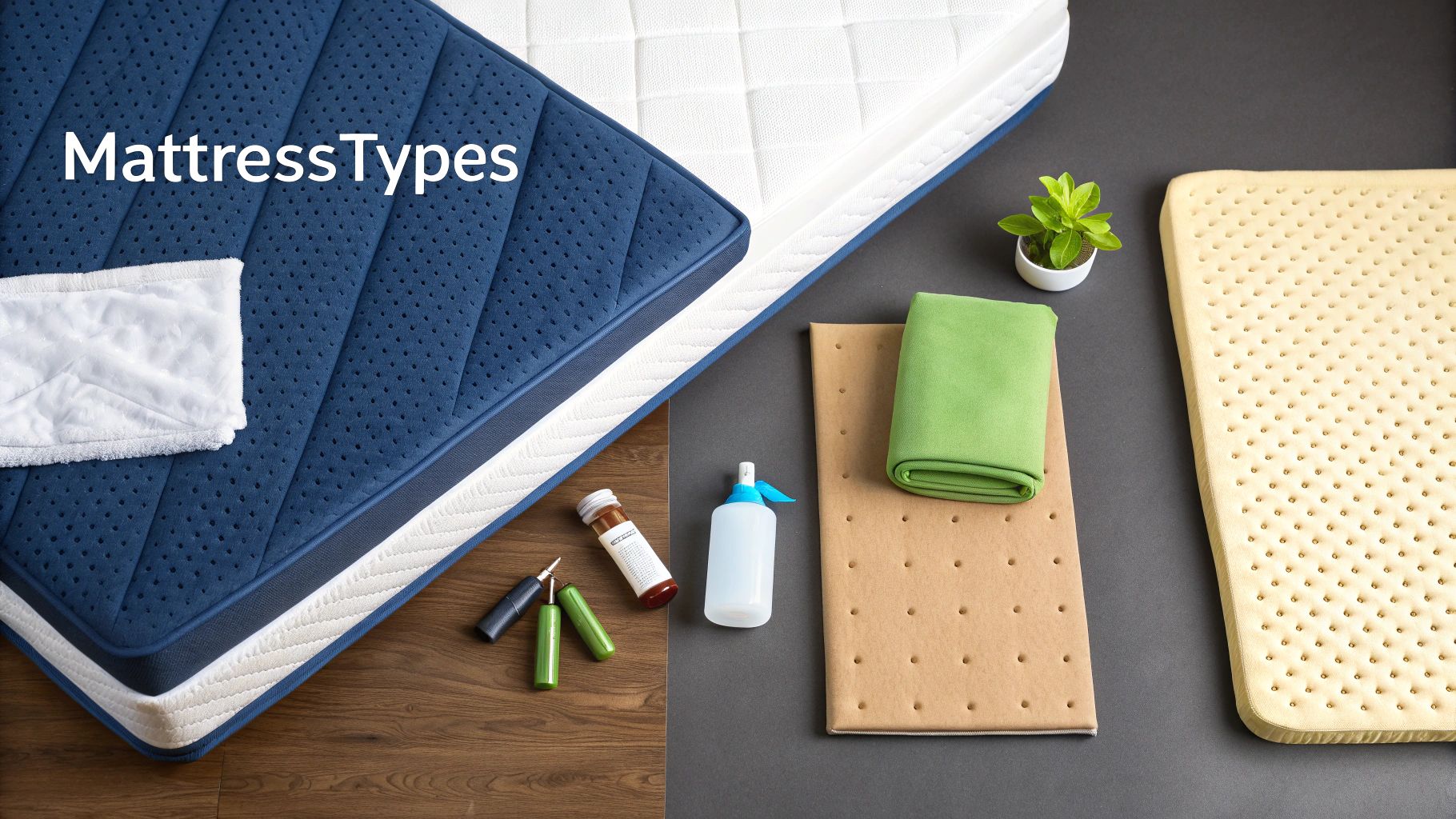 A top-down view of various mattress types, including blue, white, tan, and yellow, with cleaning supplies.