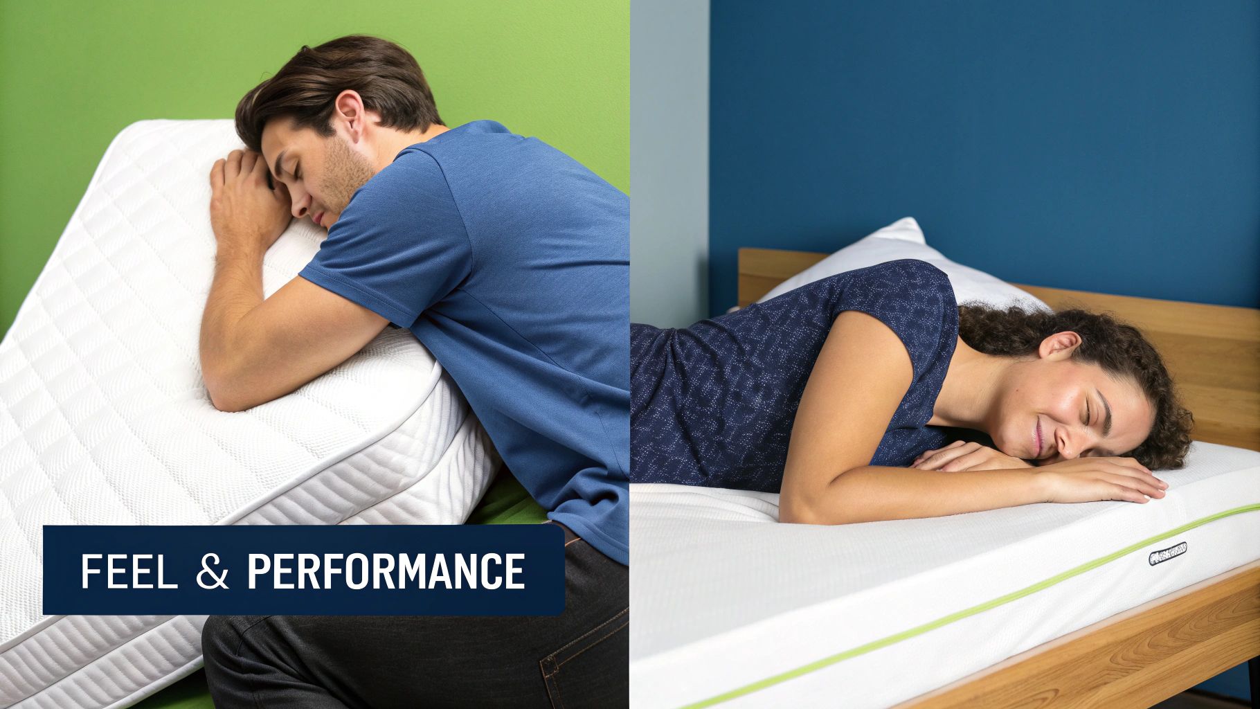 Two people sleeping peacefully on different mattresses, showcasing comfort and performance features.