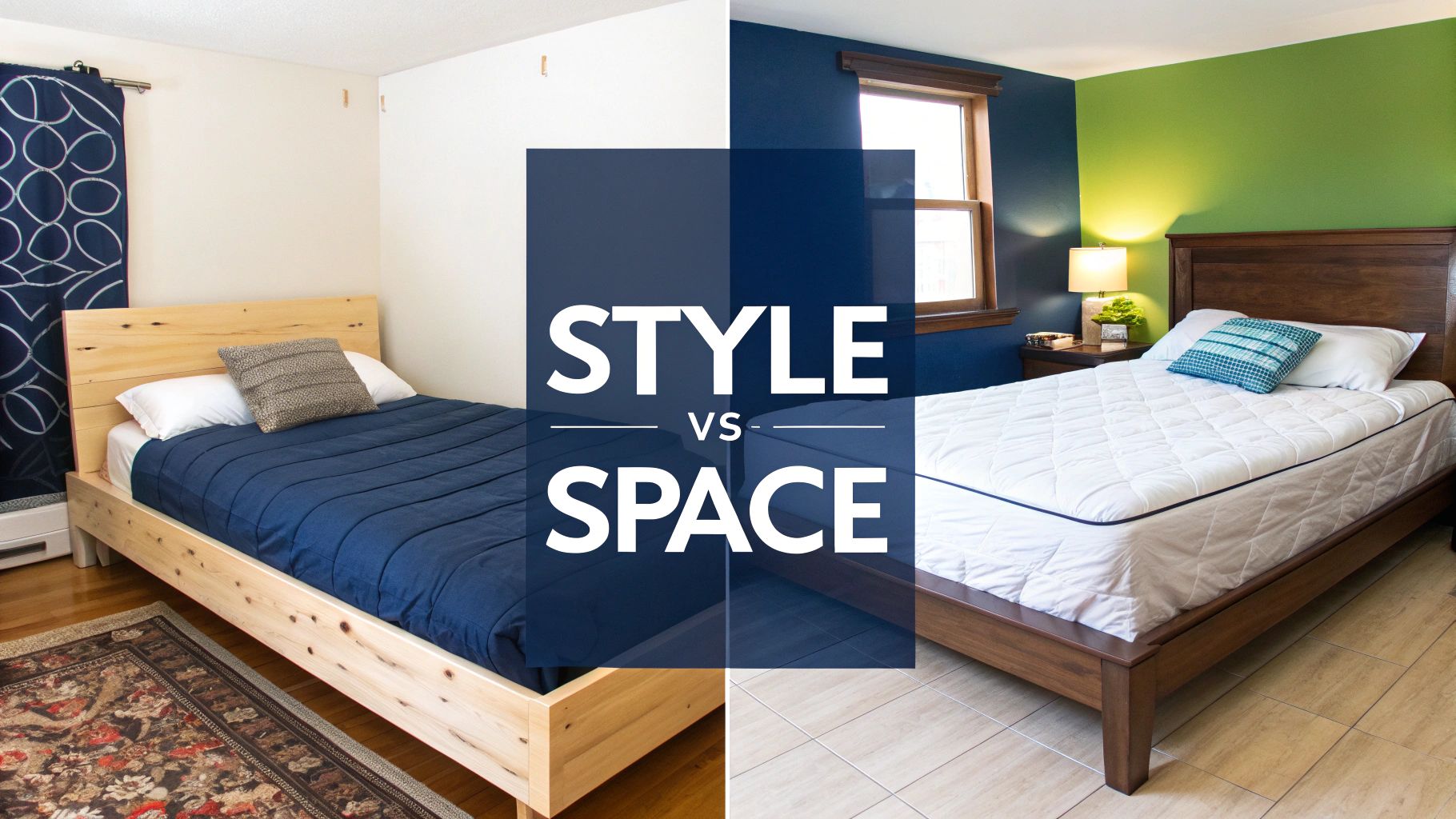 Split screen comparison showing minimalist bedroom style versus spacious bedroom design with queen beds