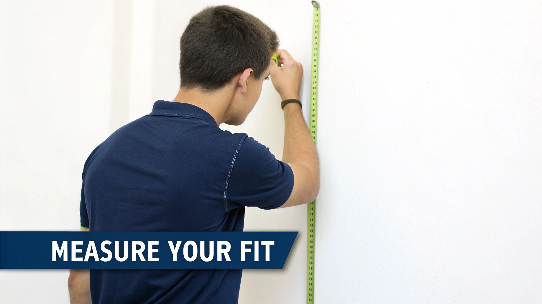 A young man in a navy polo shirt using a green measuring tape on a white wall.