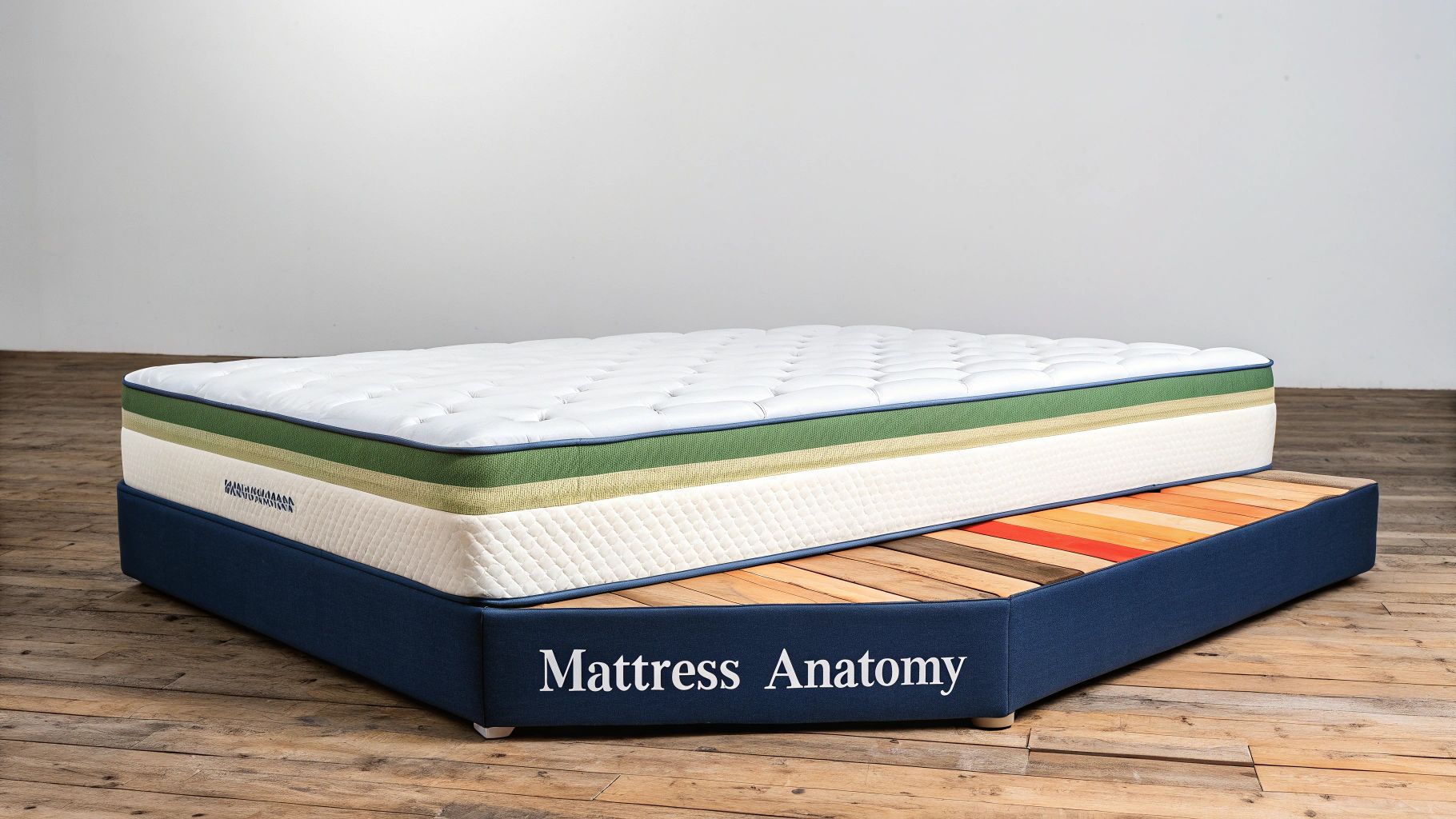 A comfortable mattress with green accents rests on a blue bed frame, revealing its wooden slat interior.