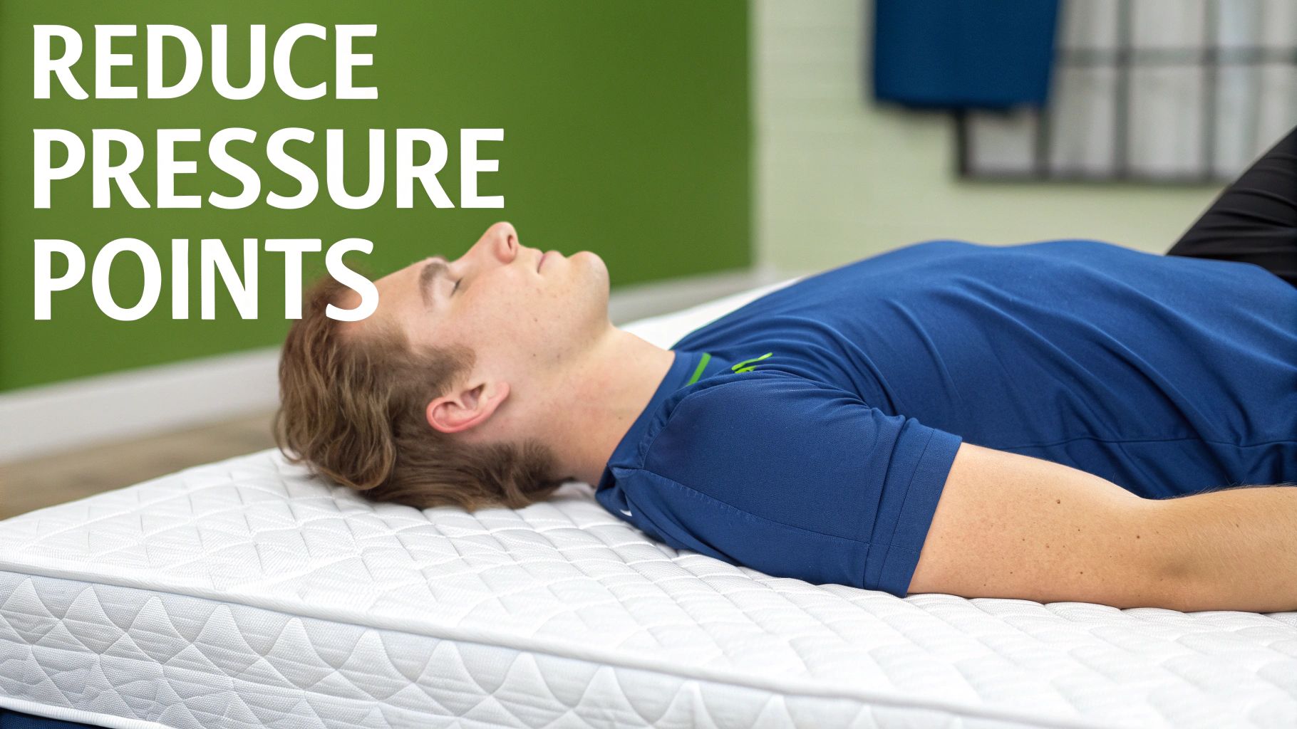 A person lying on their back on a white mattress, illustrating how to reduce pressure points.
