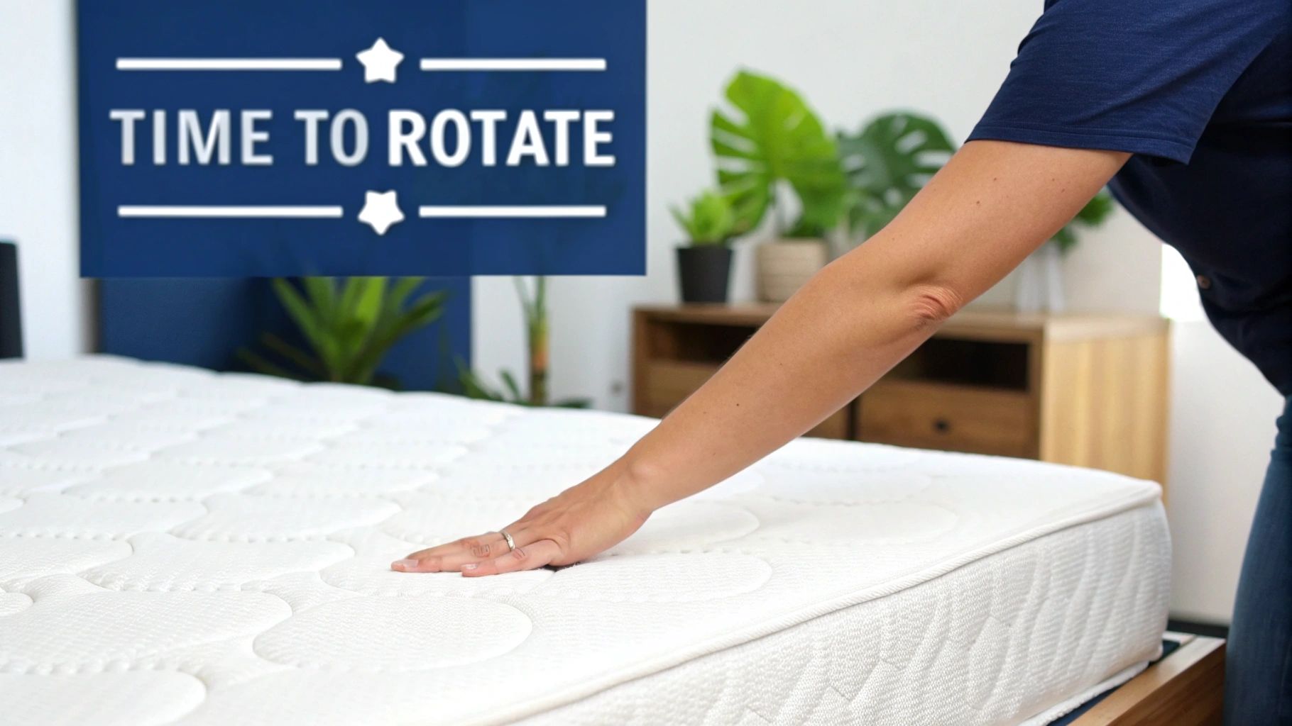 A person's hand presses down on a white mattress, with a blue banner displaying 'TIME TO ROTATE'.