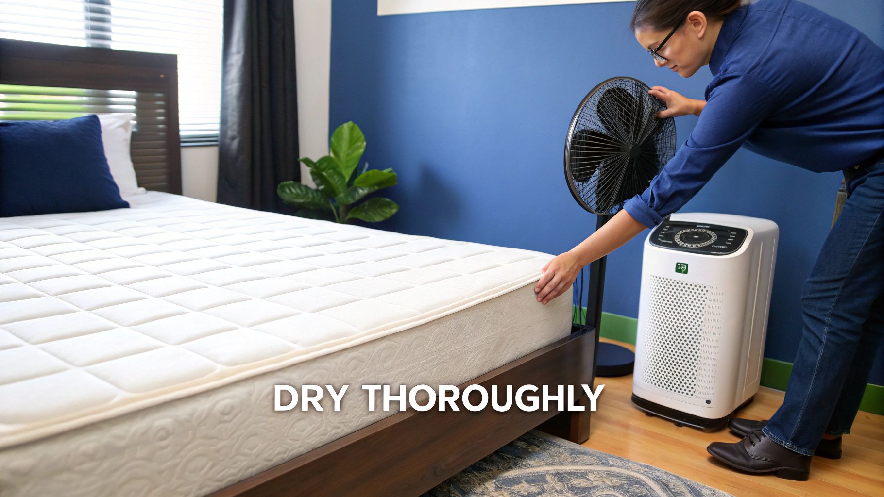 A person uses a fan and an air purifier to thoroughly dry a mattress with a protector.