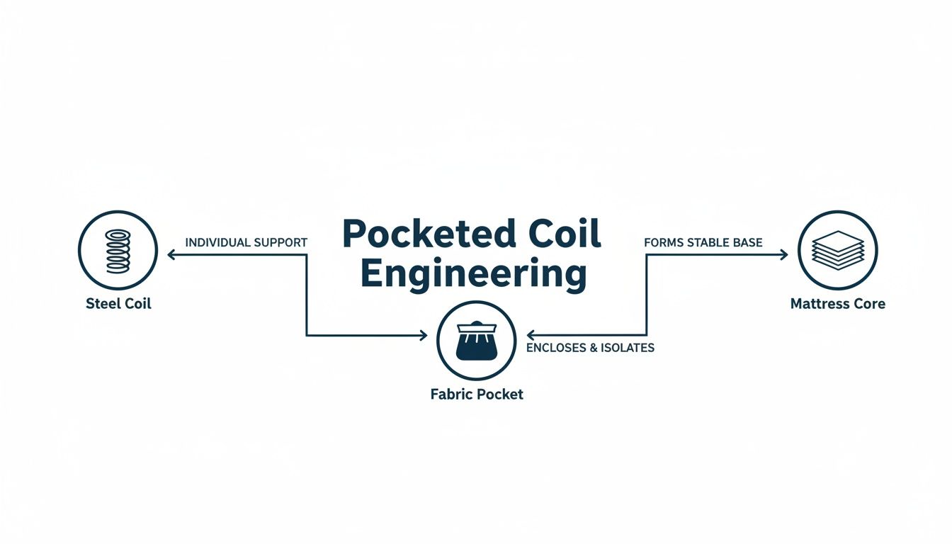 Diagram illustrating pocketed coil engineering, showing steel coils providing individual support and fabric pockets enclosing them for a stable mattress core.