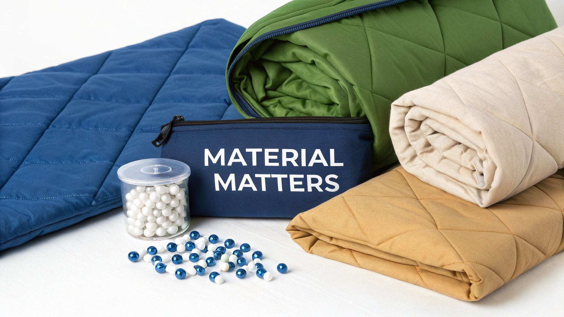 Weighted blankets in blue, green, beige, and tan, with weight pellets and a 'MATERIAL MATTERS' pouch.
