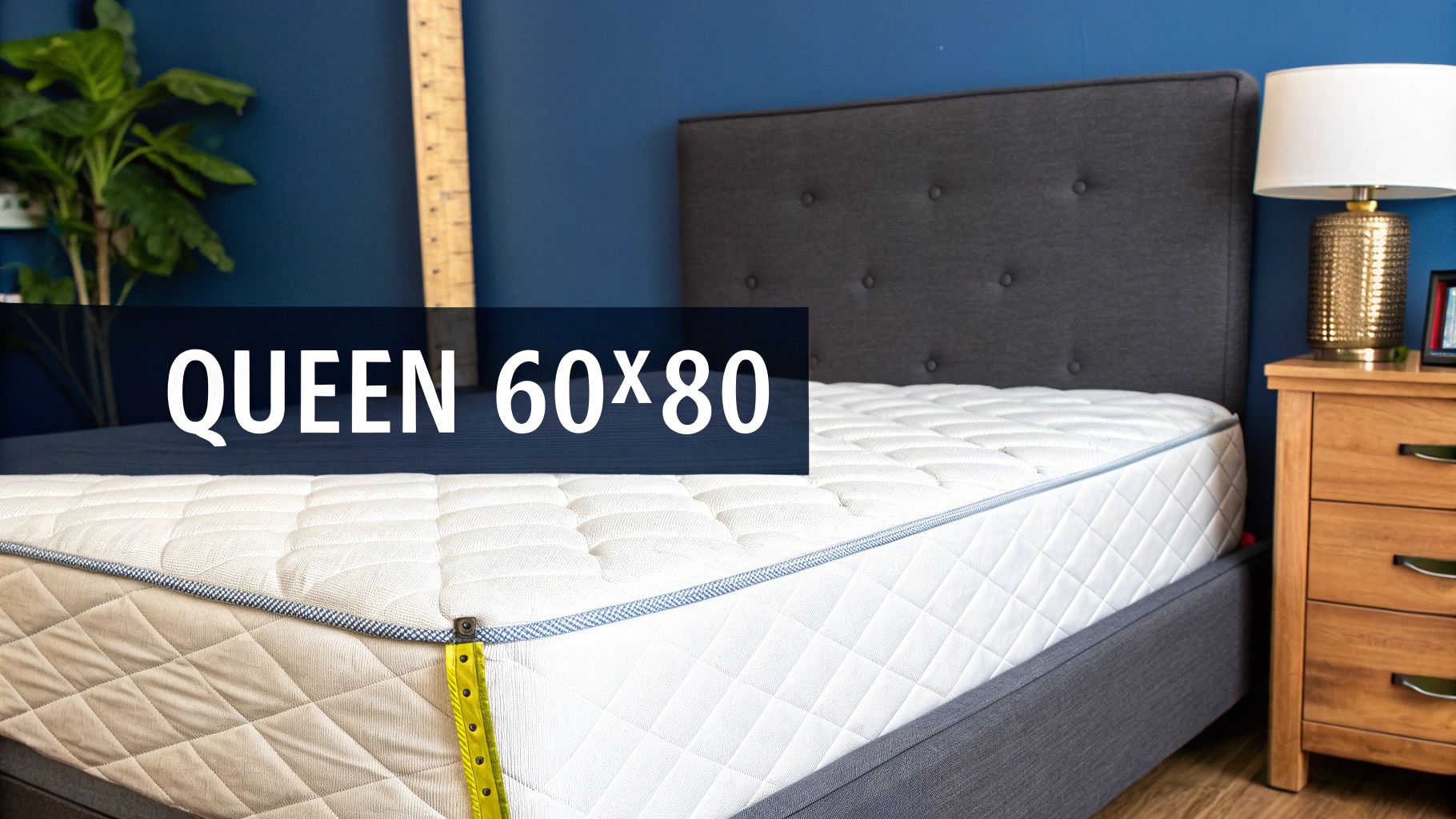 A queen size mattress, 60x80 inches, with a tape measure showing its dimensions on a bed frame.