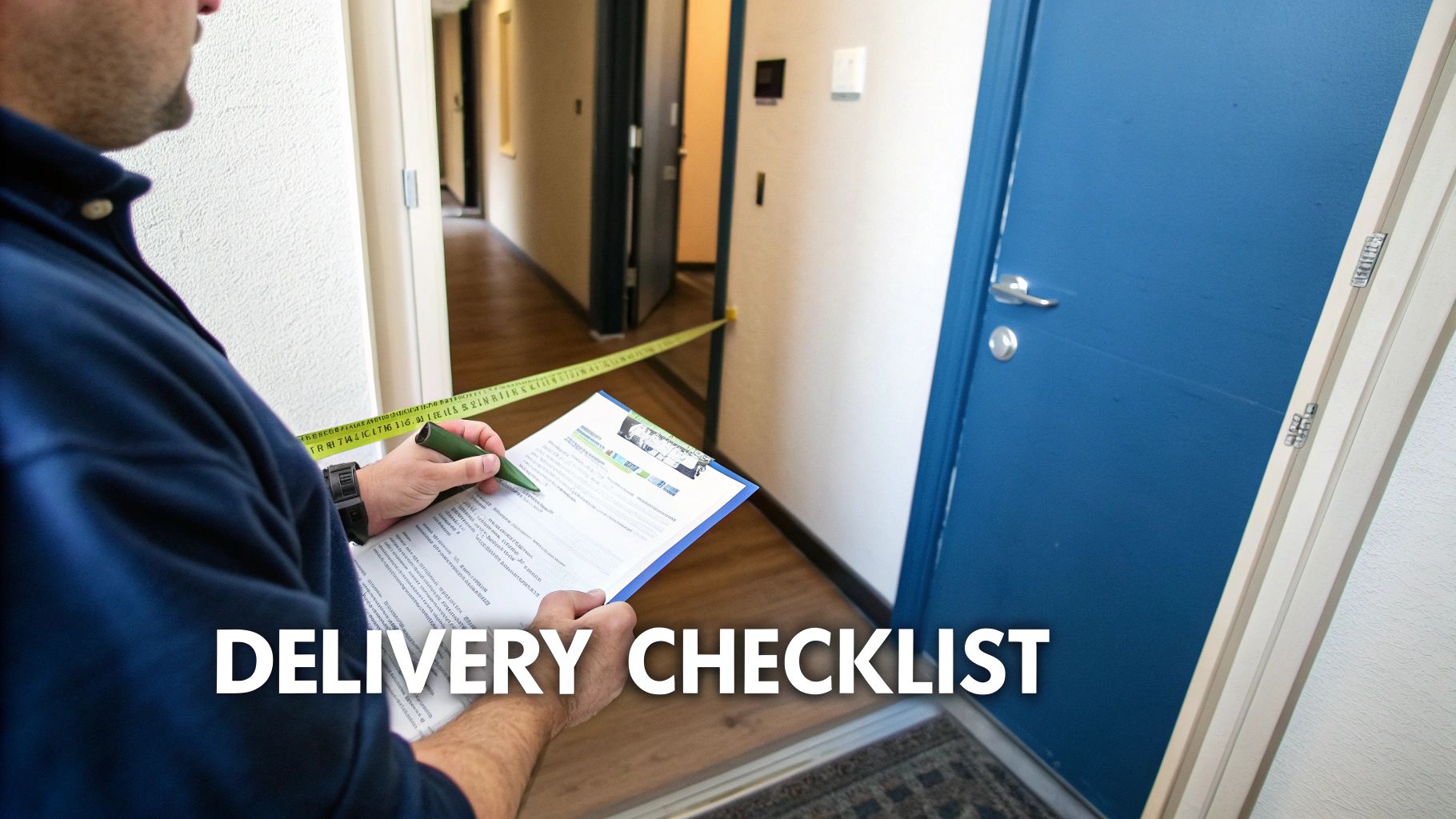 A person fills out a delivery checklist with a pen and clipboard, standing in a hallway with a blue door.