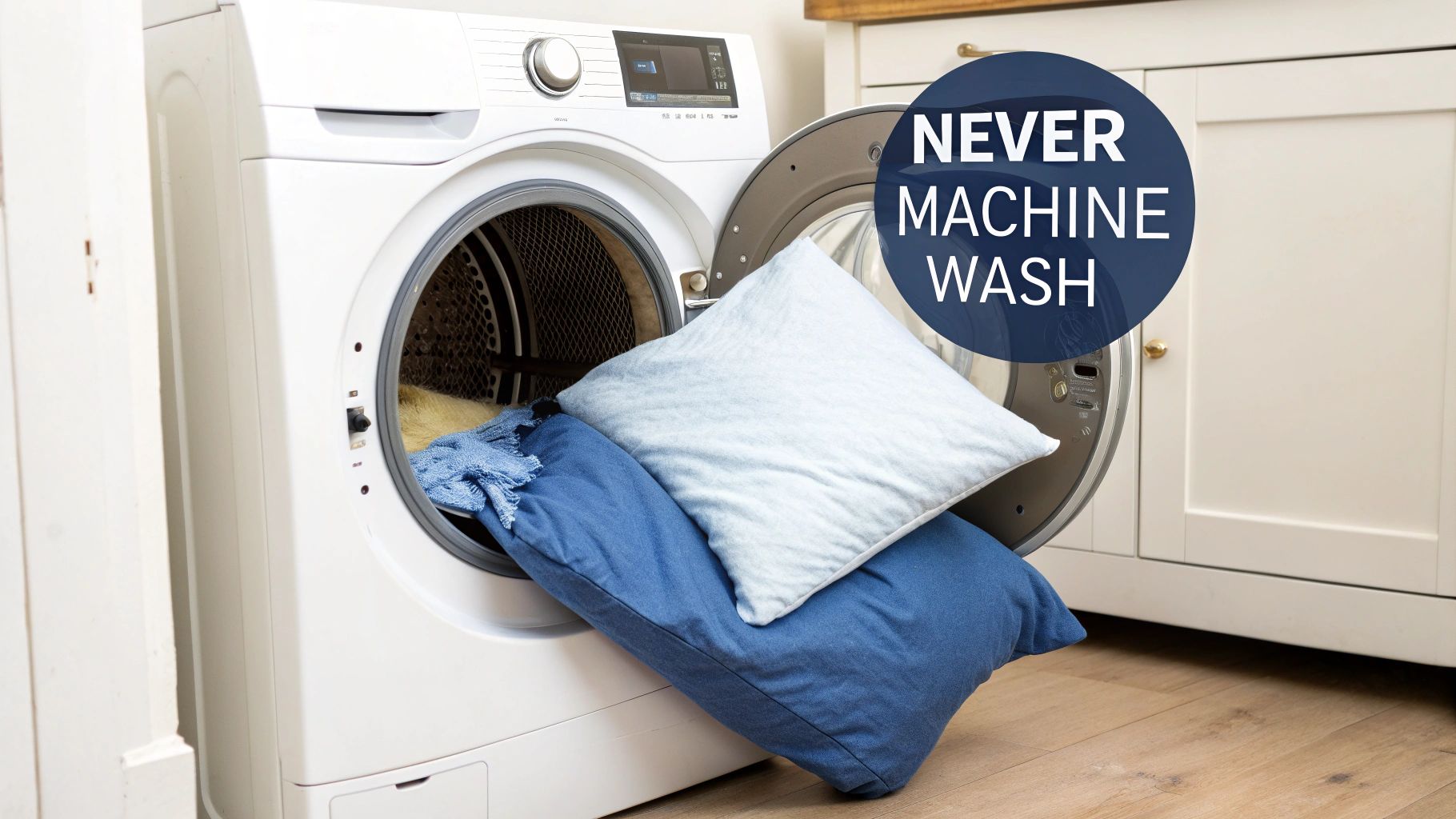 Two blue pillows partially removed from a washing machine with a warning about not machine washing.