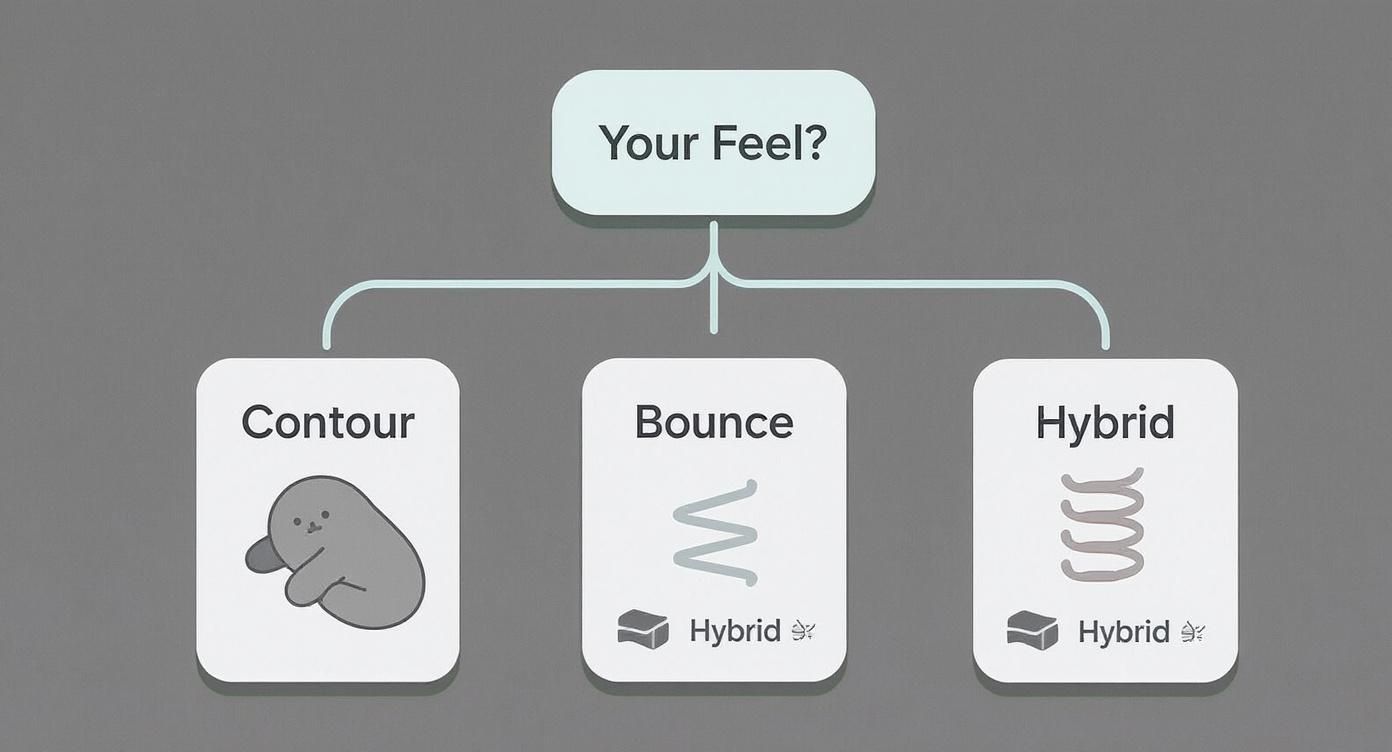 Diagram comparing mattress feel options: Contour, Bounce, and Hybrid mattress types.