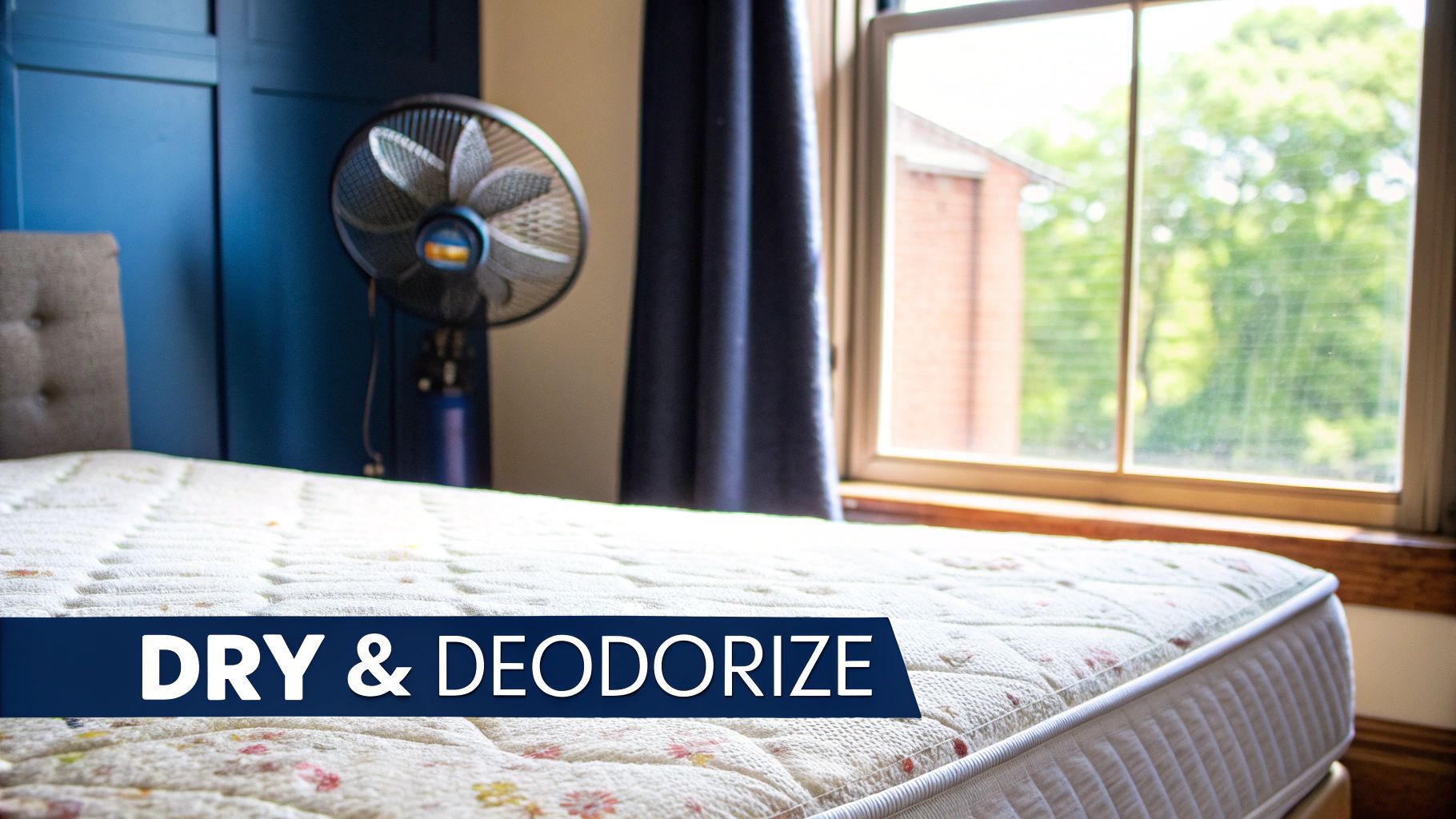 A patterned mattress in a bedroom with a fan, ready for drying and deodorizing as indicated by the text overlay.