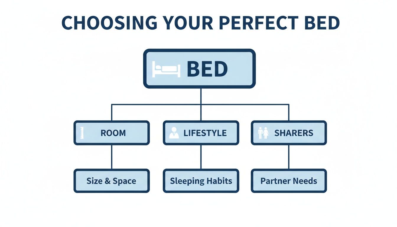 A flowchart showing how to choose a perfect bed based on room, lifestyle, and sharer needs.