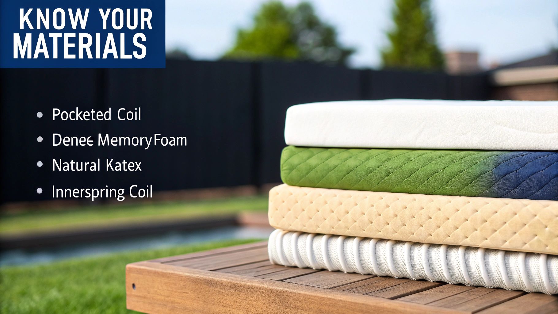 Stack of different mattress materials including memory foam, natural latex, and spring coils.