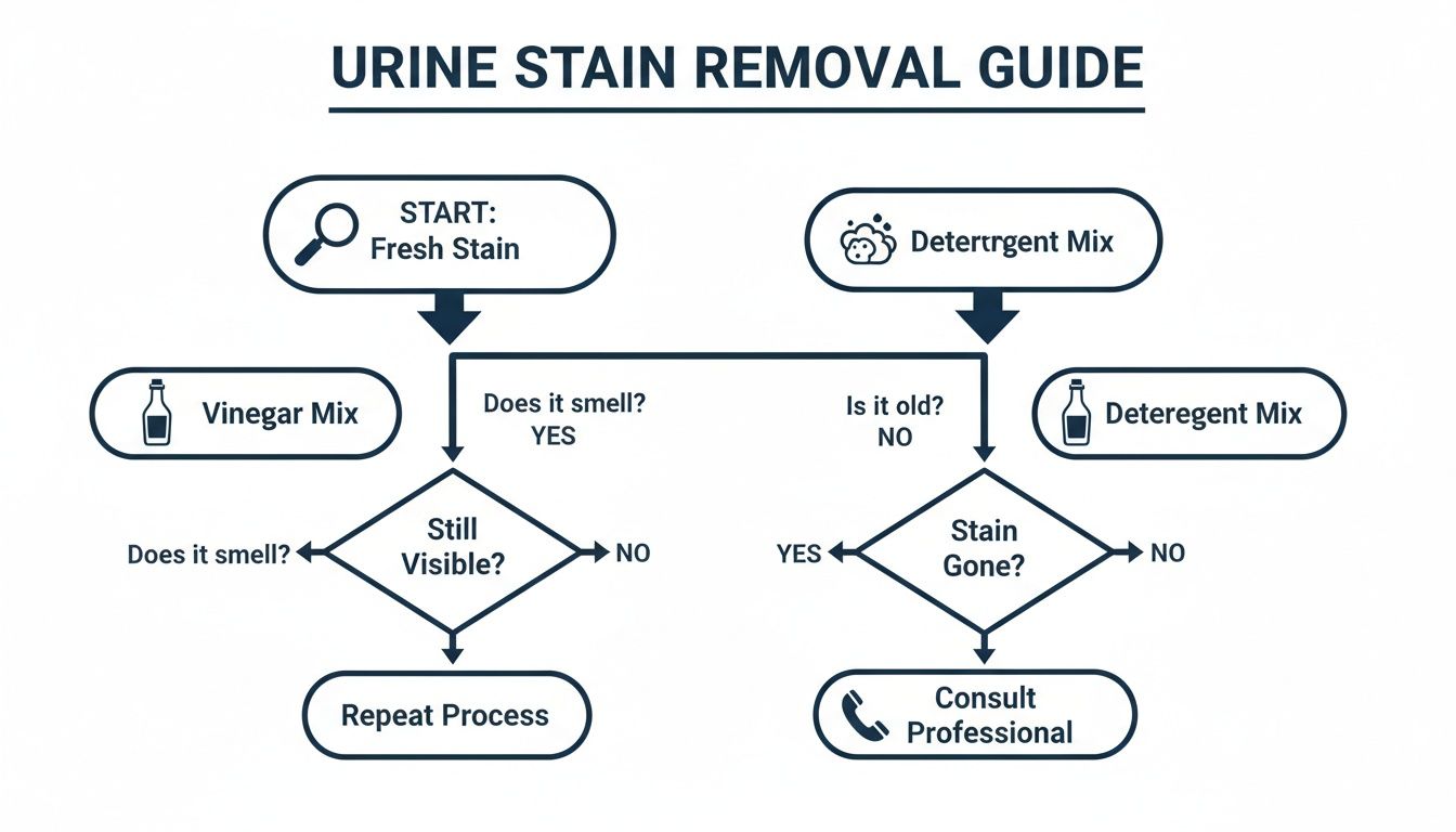 A flowchart titled 'Urine Stain Removal Guide' with steps using vinegar or detergent for stains.
