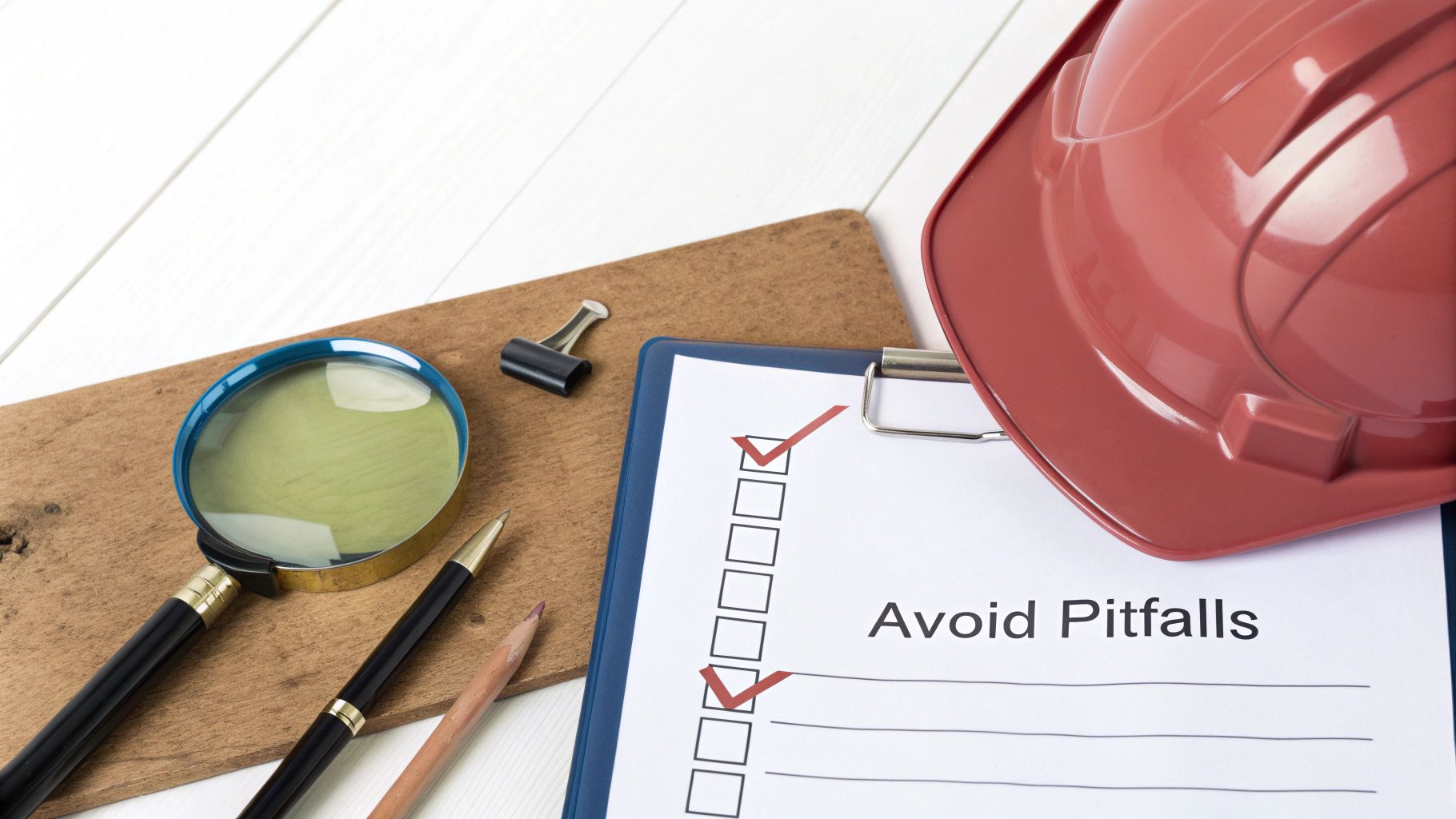 Flat lay of a red hard hat, checklist with 'Avoid Pitfalls', magnifying glass, and pens.