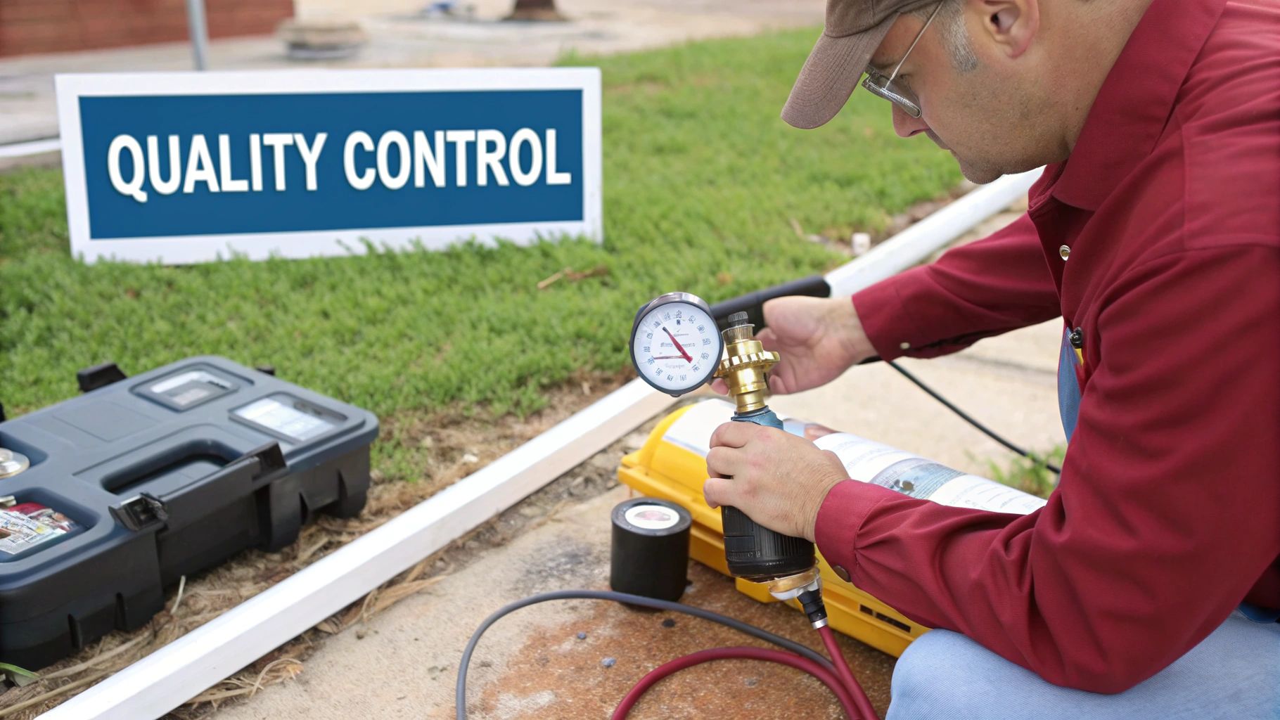 A man in a red shirt testing equipment with a pressure gauge, performing quality control outdoors.