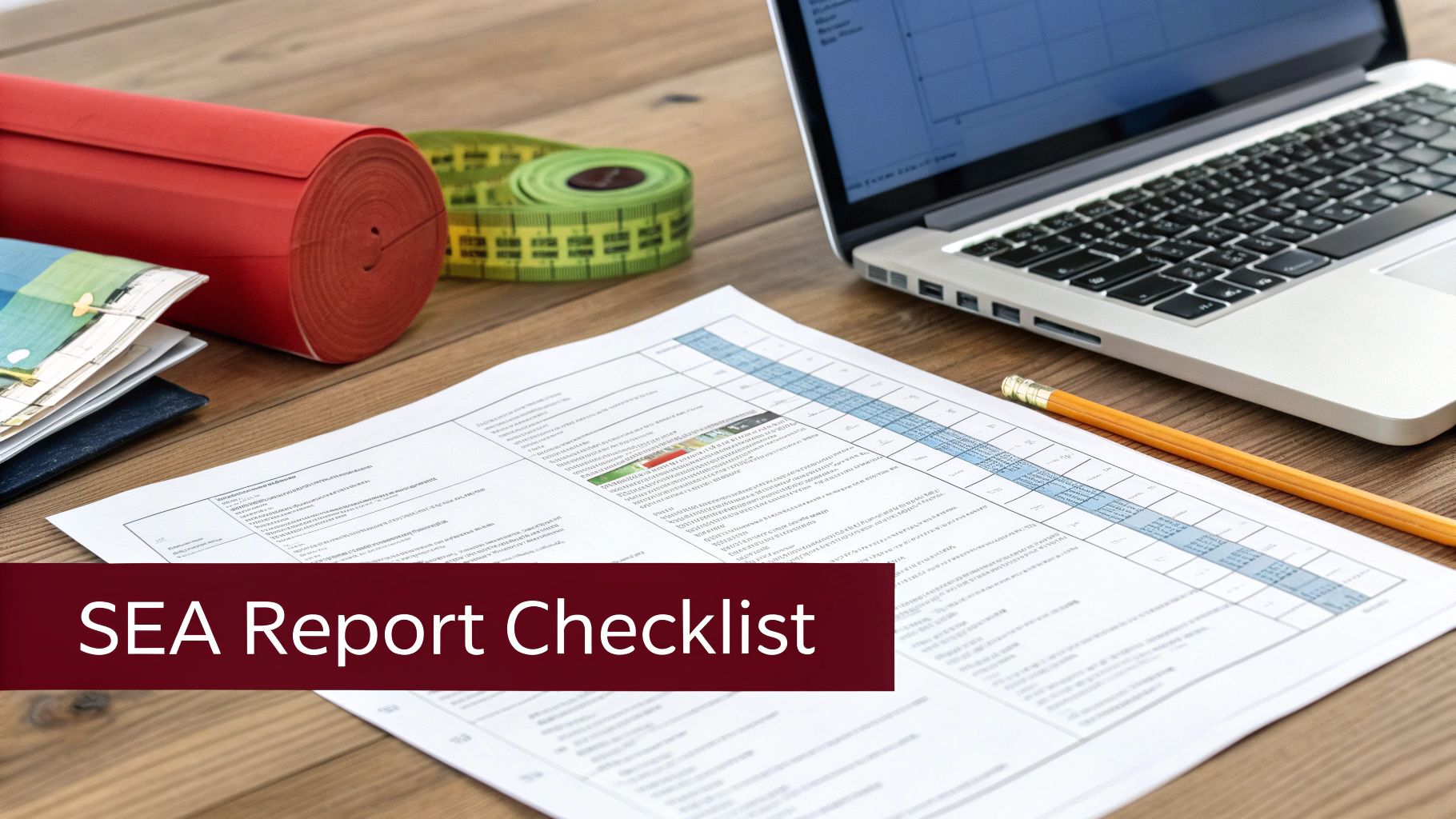 A wooden desk with a laptop, a document showing an SEA Report Checklist, a pencil, and various items.