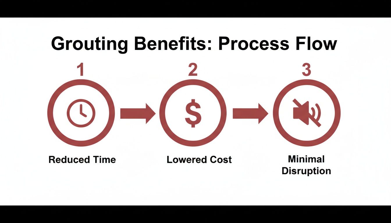 A process flow diagram illustrating grouting benefits: reduced time, lowered cost, and minimal disruption.