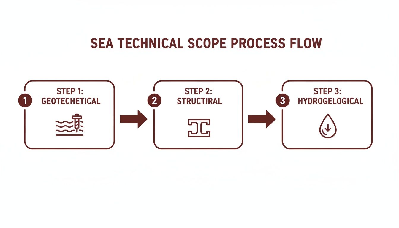 A process flow diagram illustrates the SEA technical scope, detailing Geotechnical, Structural, and Hydrogeological steps.