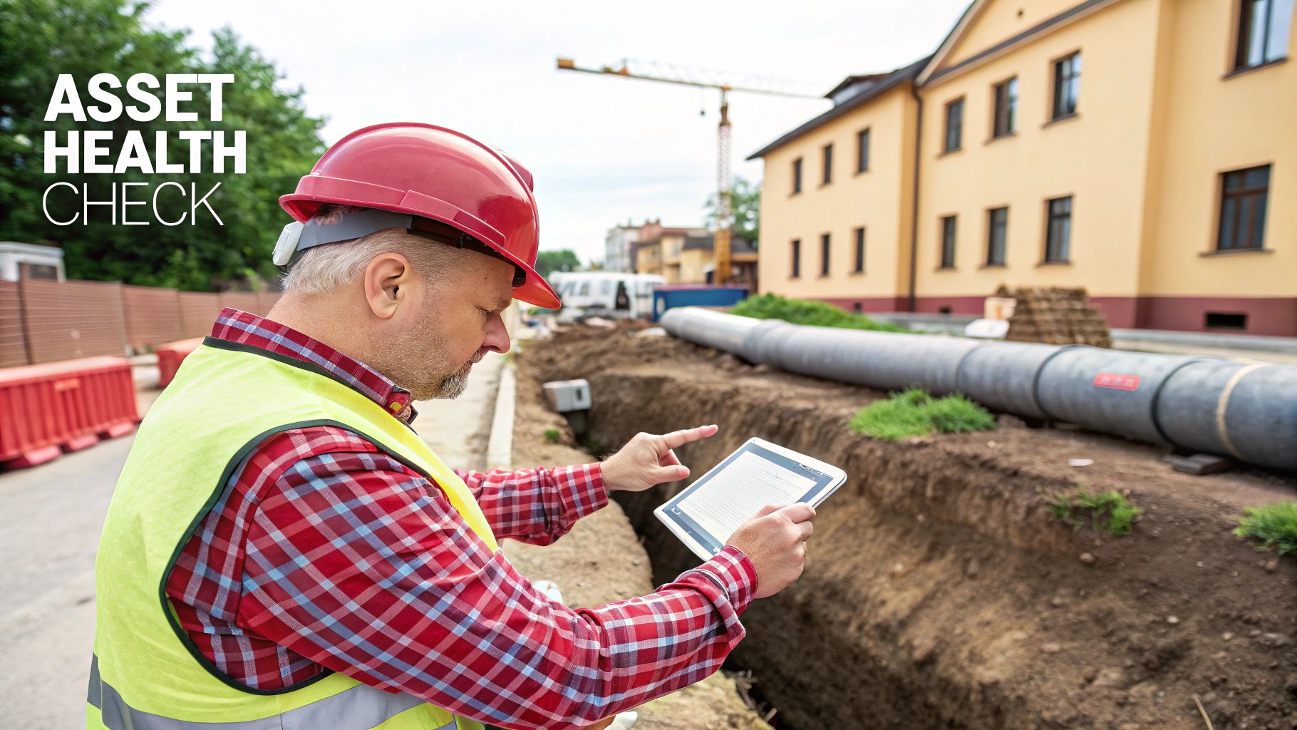 Engineer in a hard hat and vest inspecting pipes in a construction trench with a tablet.