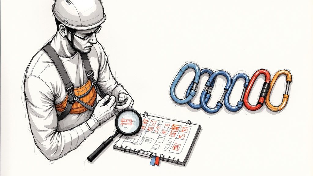 Eine Person prüft sorgfältig die Nähte und das Gewebe eines Auffanggurtes.