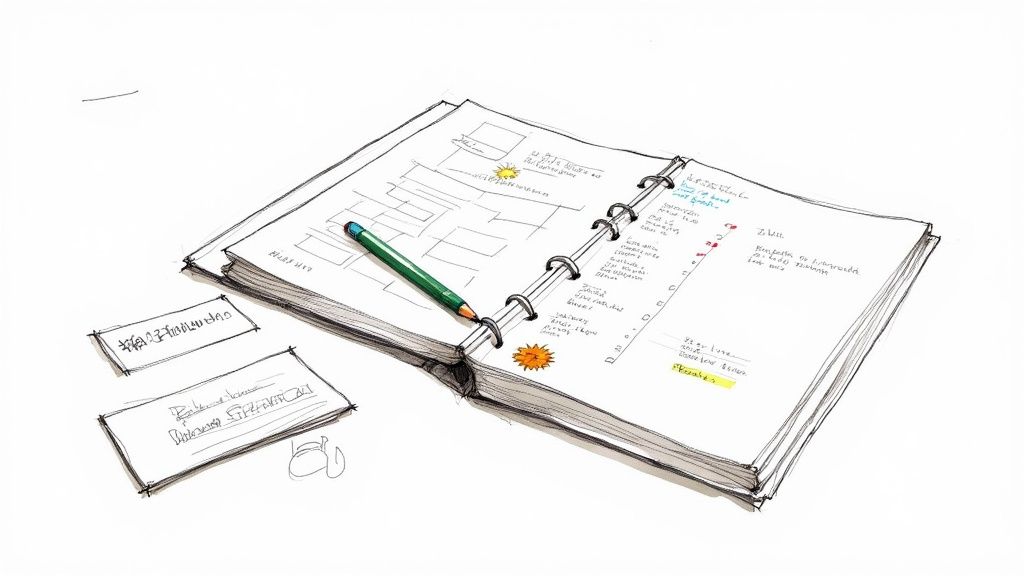 Ein Prüfprotoll wird auf einem Klemmbrett ausgefüllt, im Hintergrund das geprüfte Hebezeug.