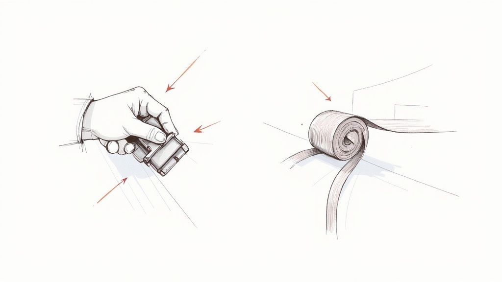 Ein sauber aufgerollter Spanngurt liegt neben einer geöffneten Ratsche auf einem Holzboden.