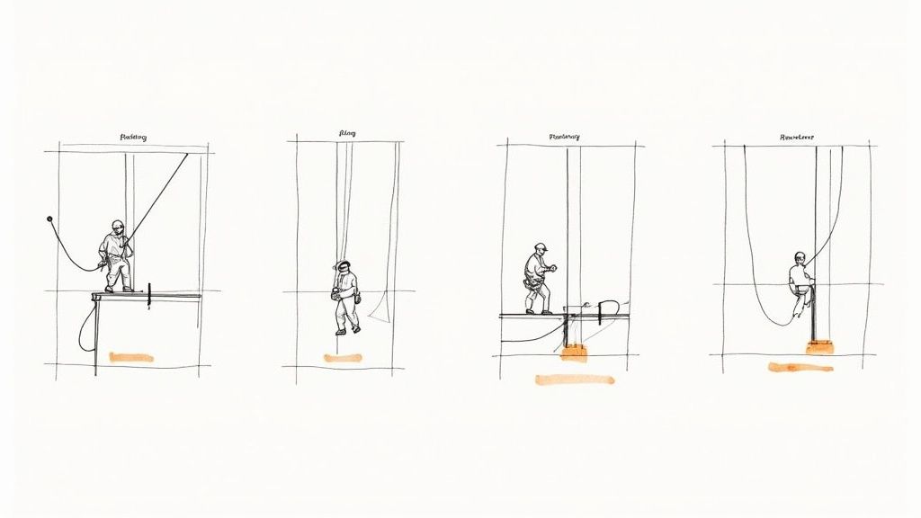 Ein Arbeiter in voller PSAgA sichert sich auf einer erhöhten Stahlkonstruktion.
