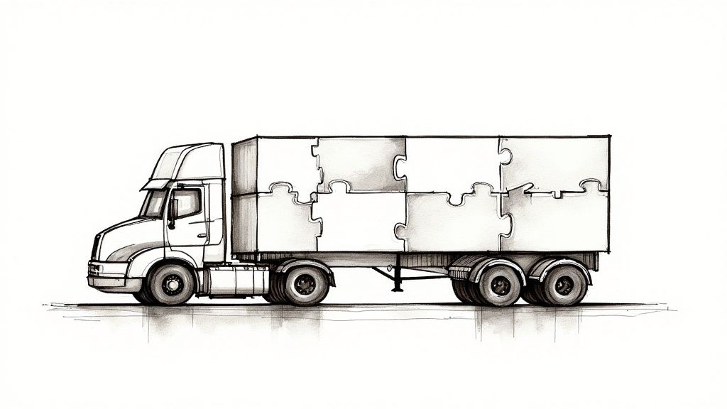 Sicherheitsgurte und Zurrgurte sichern eine große Ladung auf einem LKW