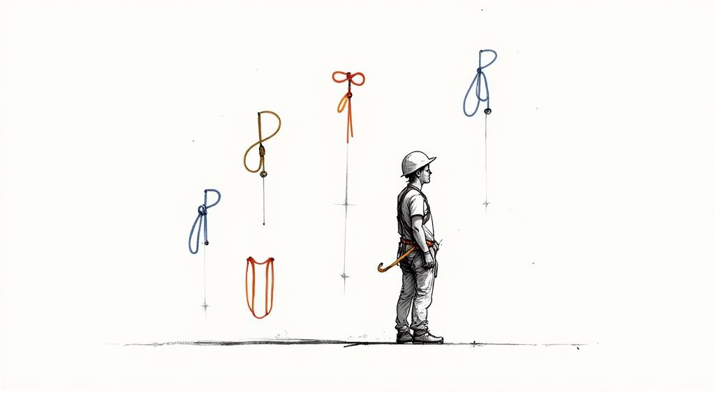 Eine Person in voller PSAgA sichert sich an einem Anschlagpunkt auf einer Baustelle