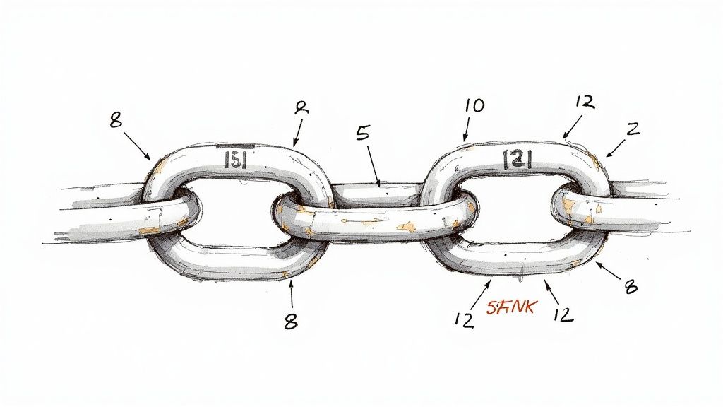 Ein detaillierter Blick auf den Kennzeichnungsanhänger einer Anschlagkette, der verschiedene Symbole und Zahlen zeigt.