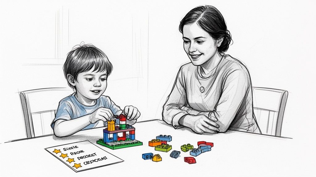 A young boy constructing a colorful LEGO building with a smiling woman watching him.