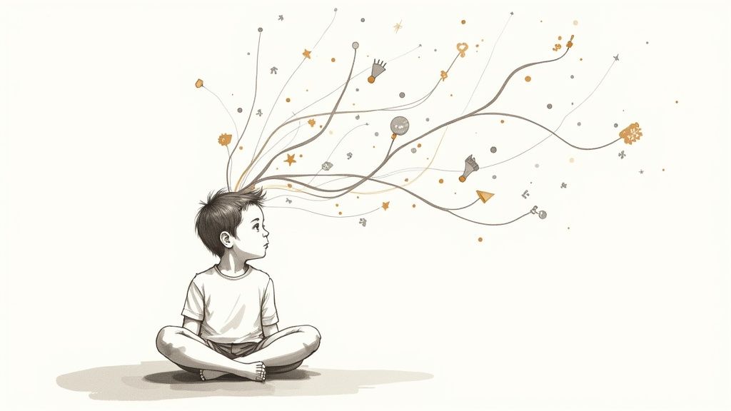 A child's silhouette with a brightly lit, creative brain, illustrating the activation of the default mode network.